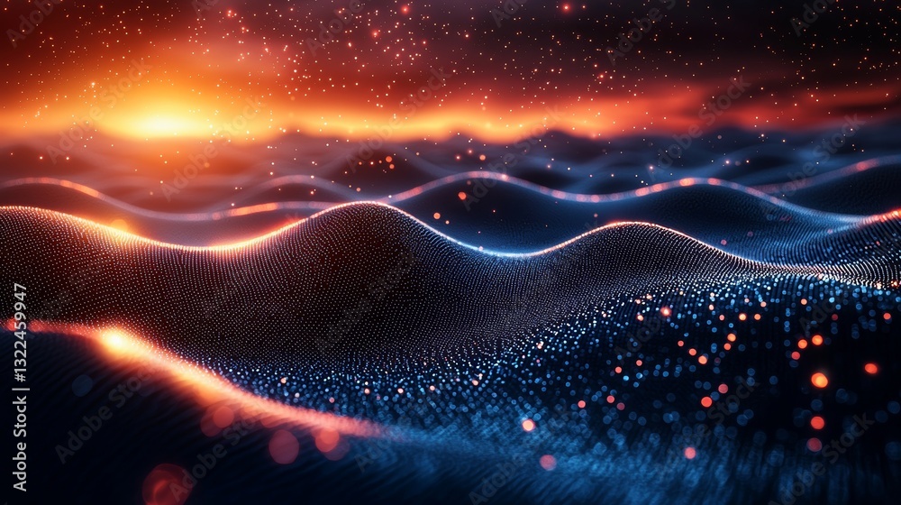 Poster a dynamic wave as a 3d blue glowing abstract backdrop. abstraction with a wave in motion. big data v