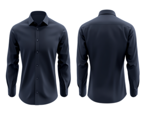 Front and back view of a long sleeved dark blue dress shirt on transparent background, PNG