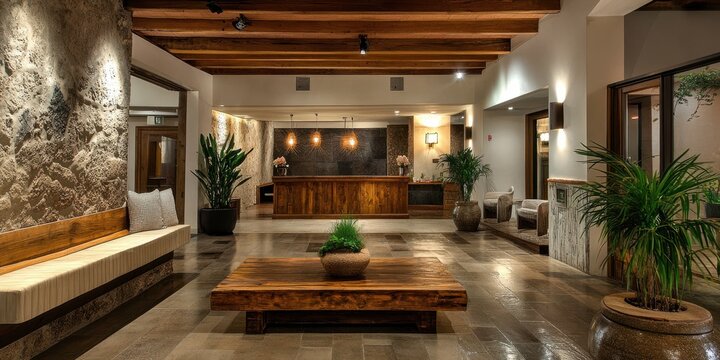 The interior of a hotel lobby with rustic and warm decor