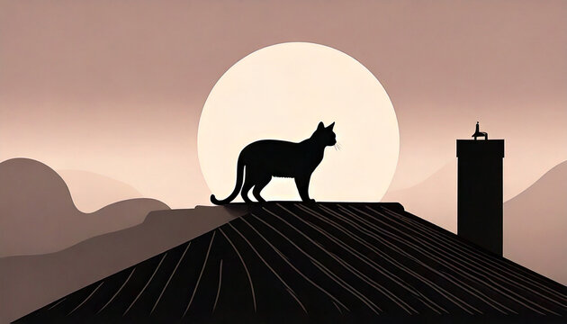 Silhouette de chat sur le toit d'une maison au clair de lune