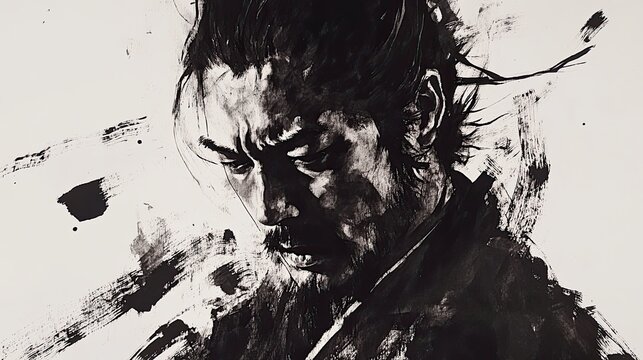 Sumi-e Ink Portrait of a Lone Warrior
