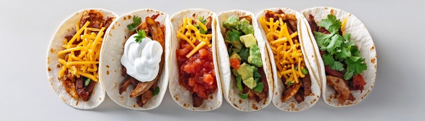 Fajitas with a variety of toppings including sour cream, salsa, and cheese, fully loaded, isolated on white background