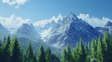 Fototapeta premium Low-Poly Mountain Landscape with Evergreen Trees and Clear Blue Sky