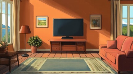 Living room interior with TV screen in front of couch. home interior