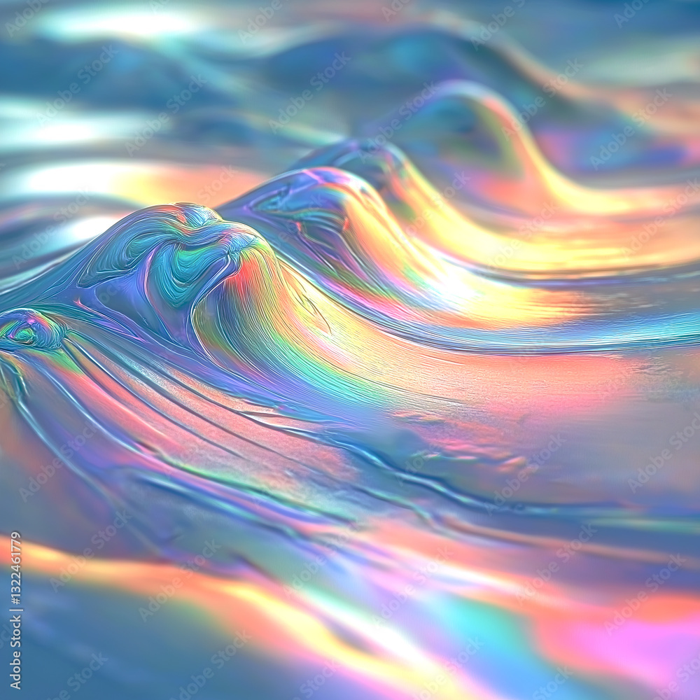 Poster Shimmering waves of iridescent matter with pink, green and azure highlights that transport the imagination to another world. The composition combines energy and fluidity