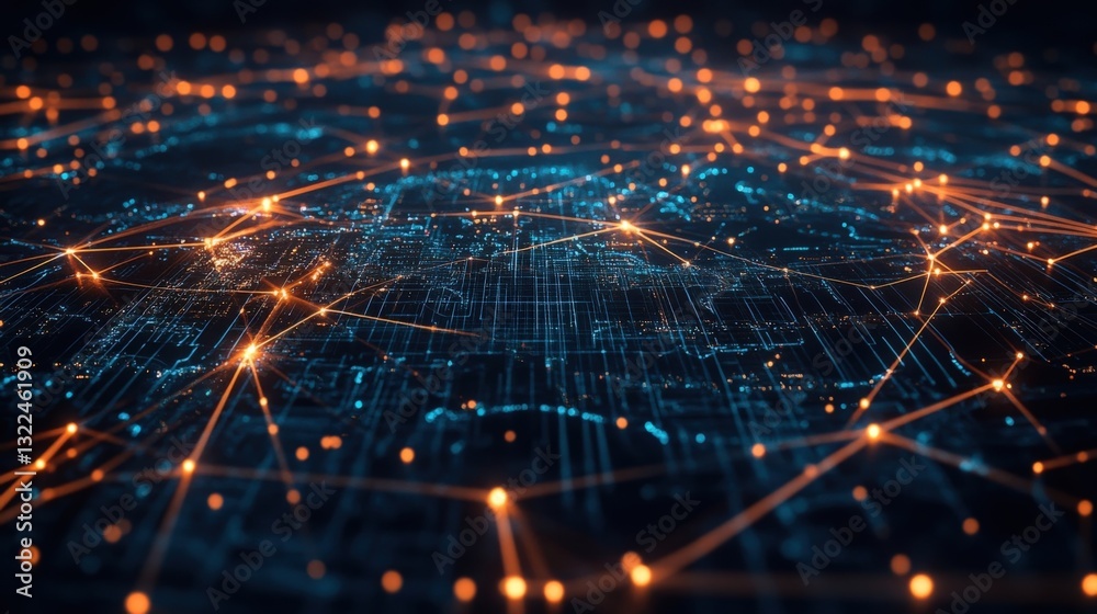 Poster futuristic printed circuit board is connecting digital data flow with glowing orange and blue lines,
