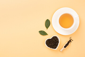 Cup of tea with dry and fresh leaves on color background, top view