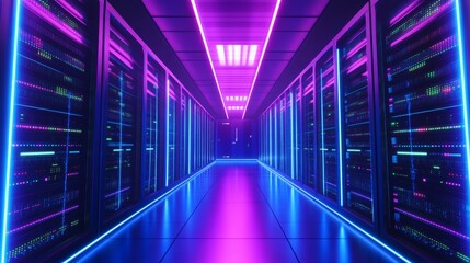 Futuristic server room featuring neon lighting and advanced cloud data storage solutions