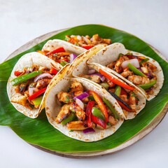 Fajitas served on a banana leaf, exotic presentation, unique food styling, isolated on white background