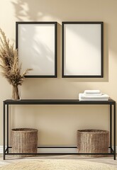 Naklejka premium Minimalist Interior Design Featuring Blank Frames and Neutral Decor
