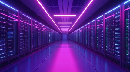 Futuristic server room with neon lighting and advanced cloud data storage infrastructure