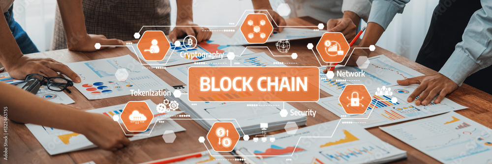 Fototapete A diverse team collaborates on blockchain technology, examining charts and graphs to enhance digital security and tokenization strategies in business development. Amity
