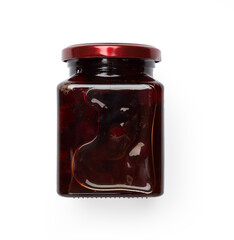 Jar with cherry jam isolated on white, top view
