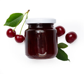 Jar with cherry jam isolated on white, top view