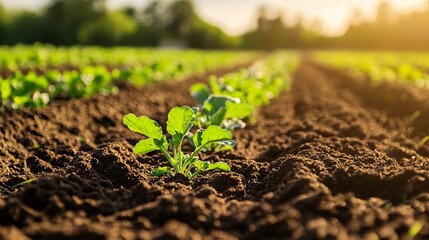 Rows of young leafy green plants growing in freshly turned soil