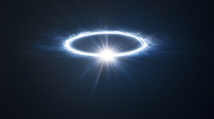 A brilliant white light shines from the middle of a dark backdrop, encircled by a luminous halo and emitting rays. Luminous Halo. Illustration