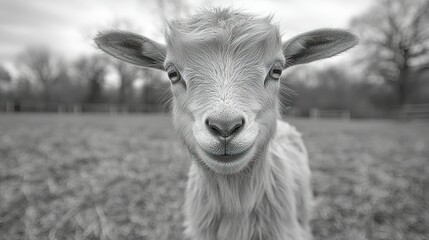 Obraz premium Young goat portrait, monochrome. Headshot, soft focus, natural light