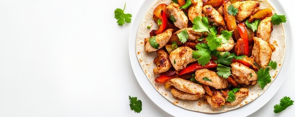 Chicken fajitas with a sprinkle of fresh cilantro, rustic presentation, isolated on white background