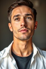 Obraz premium Close-up Portrait of a Handsome Young Man with Striking Features and Soft Lighting