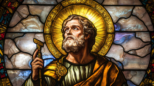 A magnificent stained glass artwork of saint peter, depicted holding the keys of heaven, with a golden halo encircling his head,. Luminous Halo. Illustration