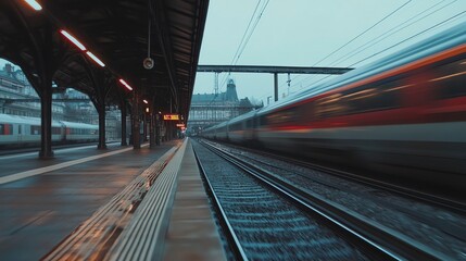 Fototapeta premium Moving Train Passing Through Railway Station Platform During Daytime