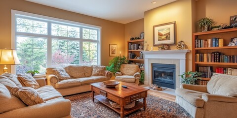 Fototapeta premium A comfortable living room with a fireplace and natural light