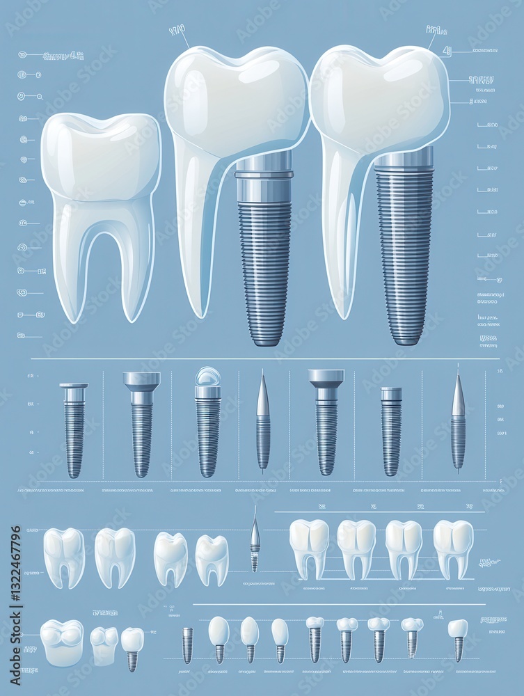 Poster step by step guide to dental implant placement using clean design and soft blue tones for a professi