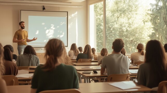 Students attend a lecture in a bright classroom while a teacher explains concepts on a projector screen