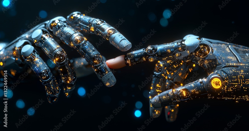 Poster ai and machine learning intersect as hands of a robot and a human meet on a big data network connect