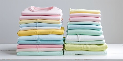 Soft cotton shirts neatly folded in pastel colors arranged on a white wooden table in a well-lit room