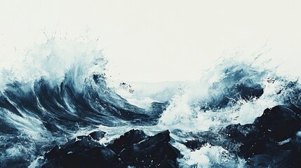 Abstract Sumi-e Painting of Ocean Waves Crashing
