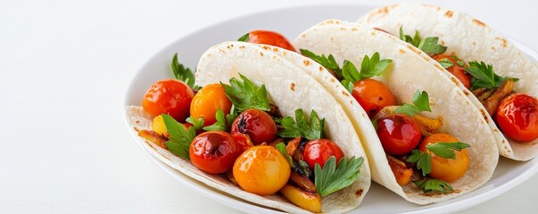 Fajitas with roasted cherry tomatoes, juicy and fresh, vibrant colors, isolated on white background
