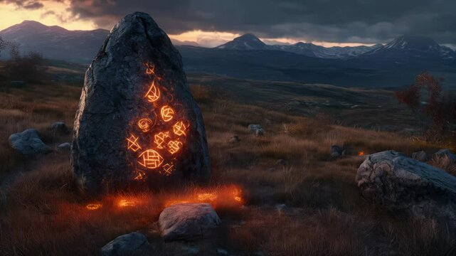 Enchanted Rune Stone in a Mystical Mountain Landscape