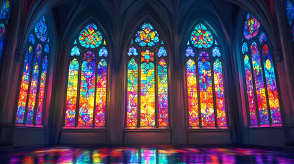 Fototapeta premium Gothic church stained glass windows, colorful light reflections. Stained Light. Illustration