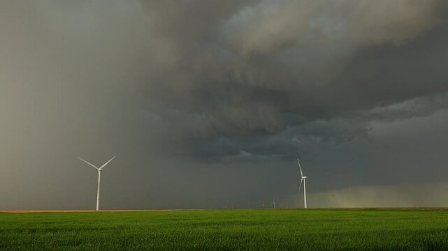 Dark thunderstorm clouds with wind turbines in green farm fields