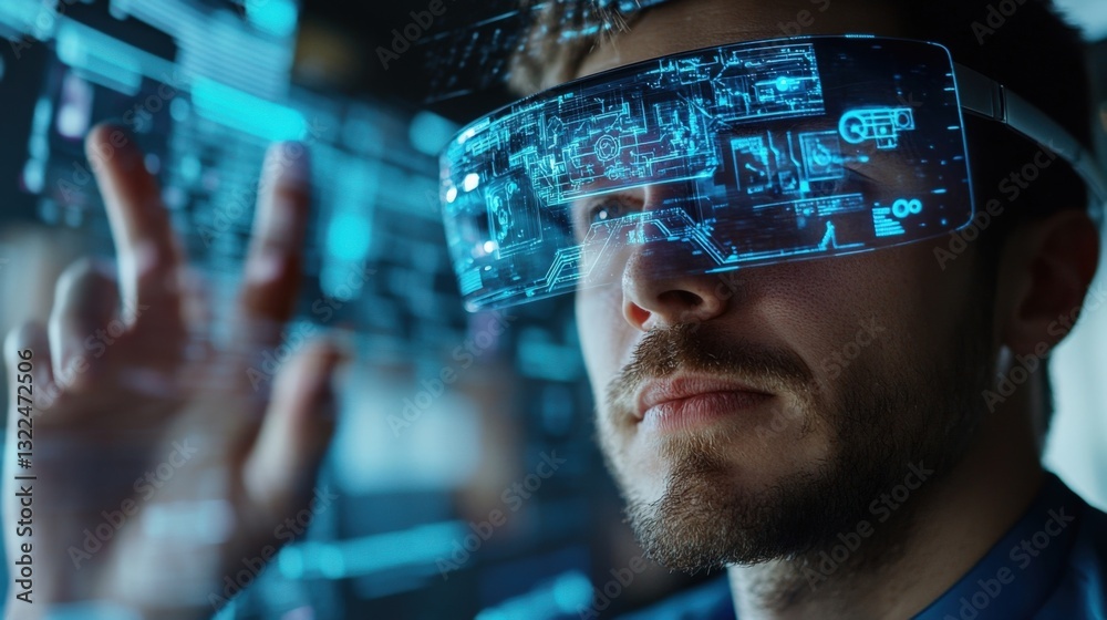 Poster software engineer wearing augmented reality glasses is working with virtual reality software and int