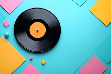 Minimalist composition with a black vinyl record on a bright blue background surrounded by geometric shapes in pink, yellow, and turquoise

