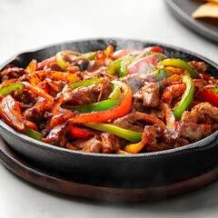 Fajitas served in a sizzling cast iron pan, detailed steam effect, photorealistic, isolated on white background