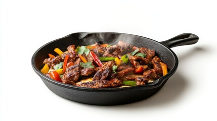 Fototapeta premium Fajitas served in a sizzling cast iron pan, detailed steam effect, photorealistic, isolated on white background
