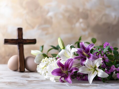Beautiful Easter Holiday Decoration with Lilies, Eggs, and Wooden Cross: A Celebration of Religious Tradition, Faith, and Joy