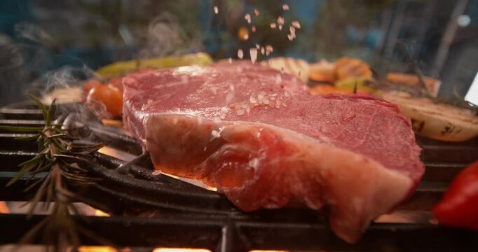 Panning up shot of someone is pouring coarse sea salt on top of raw red meat. Preparing beef tenderloin on grill pan