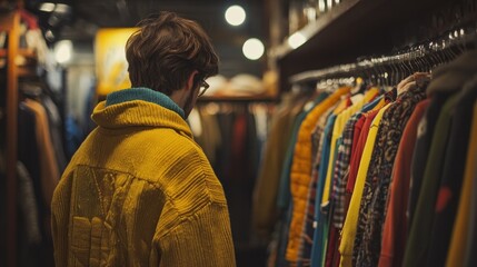 Obraz premium Man browsing colorful vintage clothing in a store.