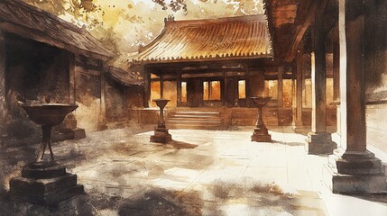 Ink wash of a traditional temple courtyard at sunset