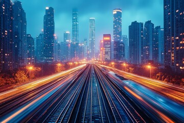 Fototapeta premium Elevating the essence of motion and speed, an evening train ride through the city