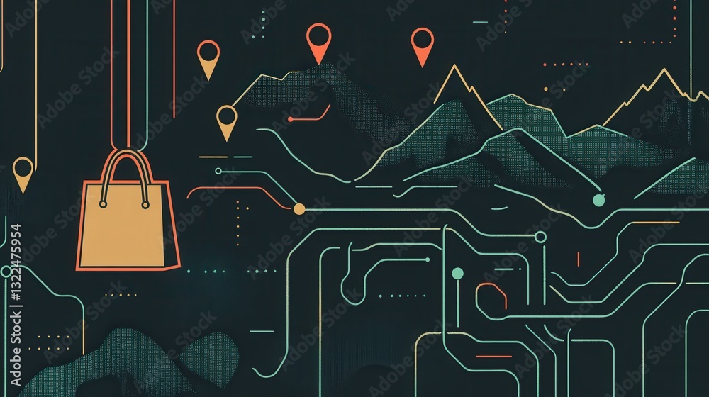 Aufkleber delivery route map illustration featuring grocery bag icon and location pins with clean ux design el