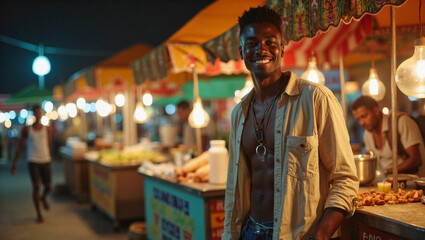 2025 summer idea trend concept: A person standing in front of a food stall at night