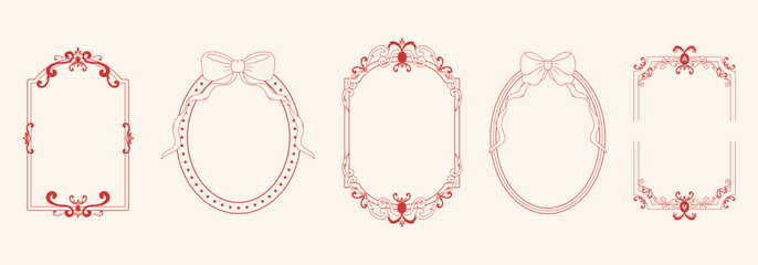 A set of hand-drawn frames with bow ribbons. Vintage whimsical borders. Vector illustration.