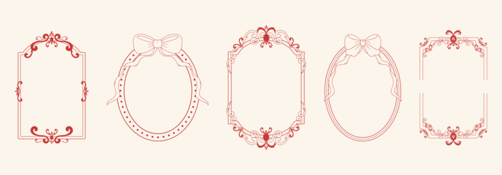 A set of hand-drawn frames with bow ribbons. Vintage whimsical borders. Vector illustration.