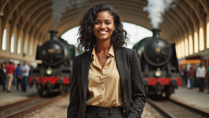 Fototapeta premium 2025 summer idea trend concept: A woman in a black suit stands between two large black steam engines, smiling at the camera.