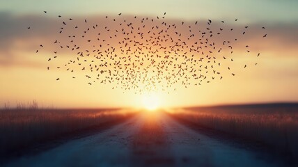 Sustainable agriculture concept. A mesmerizing sunset with birds swirling above a tranquil road.